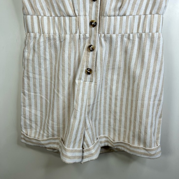 Milk & Honey Tan Cream Stripe Beach 100% Cotton Elastic Waist Romper Womens Med - Picture 7 of 10